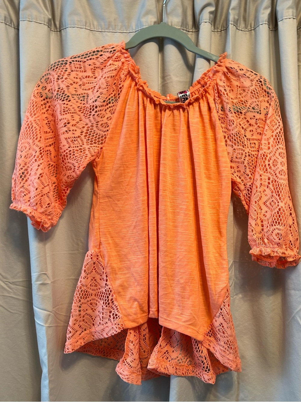 Beautees Coral Lace Sleeve Peasant Blouse